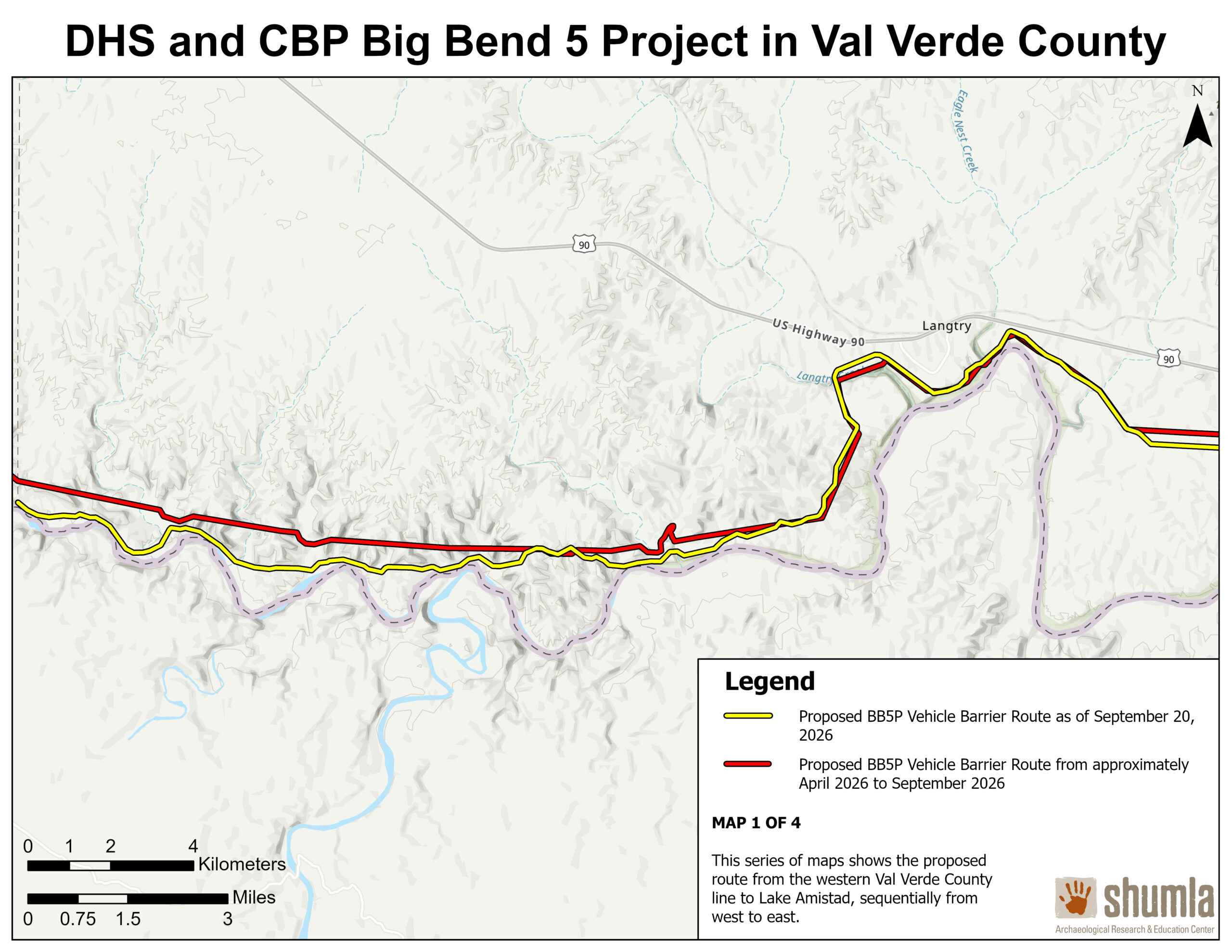 Map 1 of 4, western Val Verde County. Yellow shows the proposed route dated September 20, 2026; red shows the route from approximately April through September 2026.