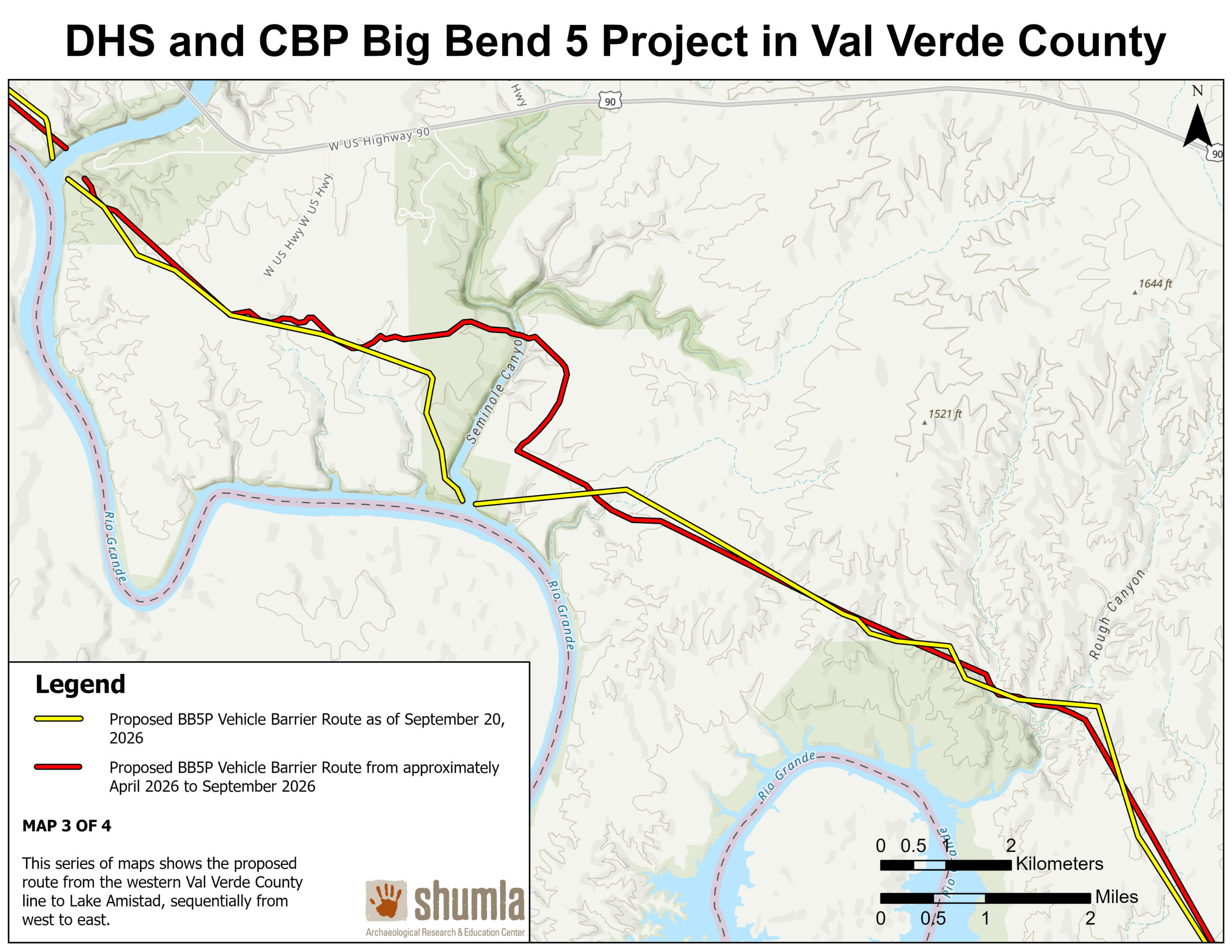 Map 3 of 4, route segment east of Map 2. Yellow shows the proposed route dated September 20, 2026; red shows the route from approximately April through September 2026.
