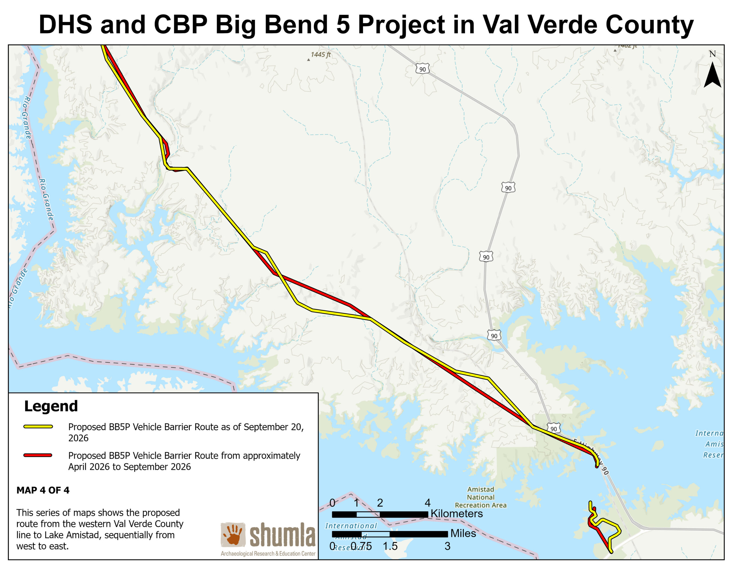 Map 4 of 4, eastern route segment toward Lake Amistad. Yellow shows the proposed route dated September 20, 2026; red shows the route from approximately April through September 2026.