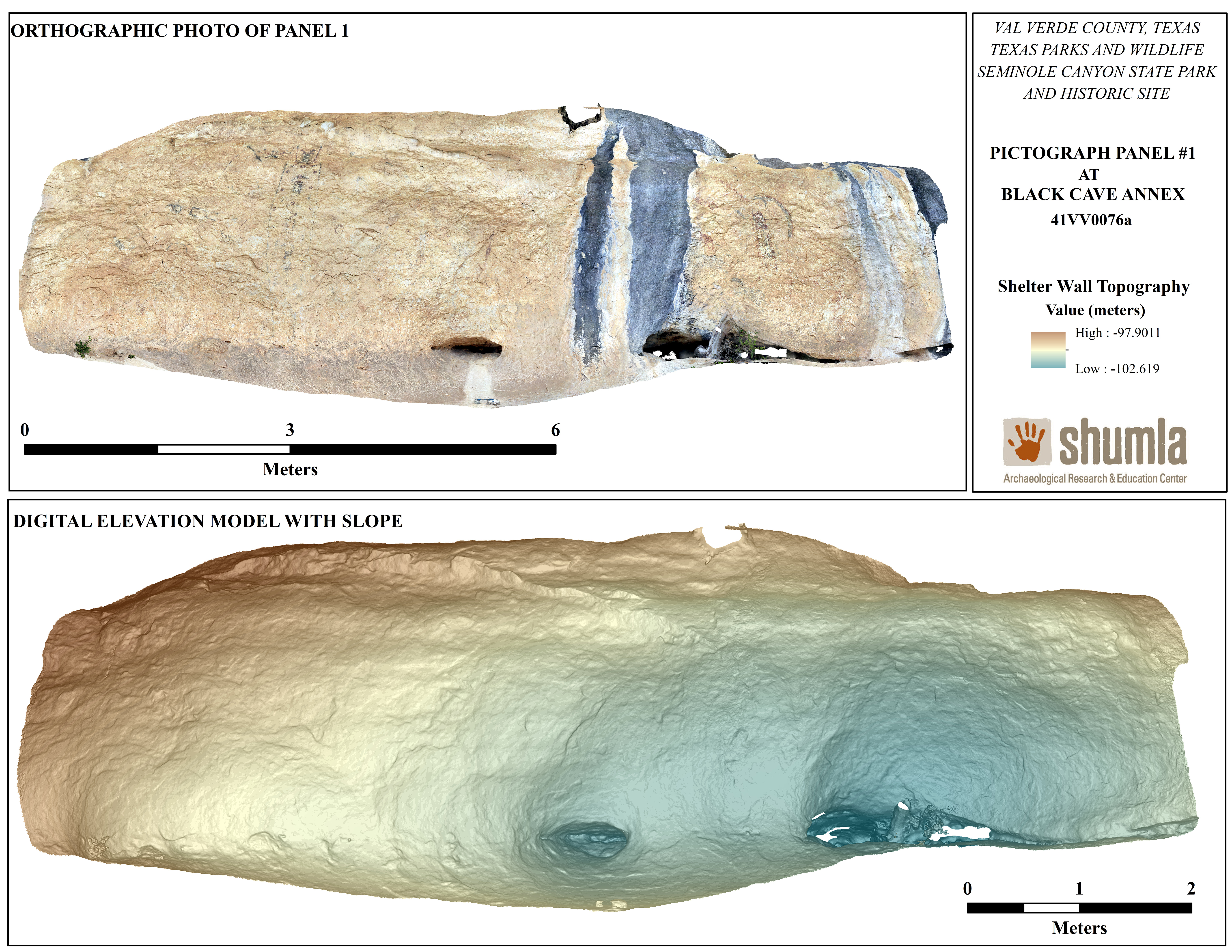 Orthographic photo and Digital Elevation Model (DEM) of Black Cave Annex exported from the SfM 3D model and imported into a mapping software.