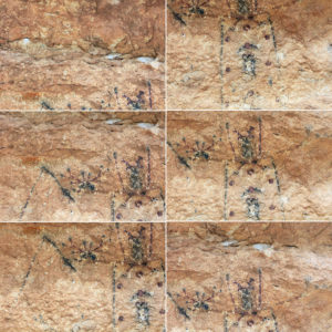These six overlapping photos of the pictograph panel at Black Cave Annex. SfM photos must overlap a minimum of 30% to ensure the software is able to match the photos together.