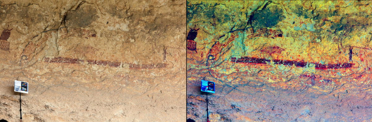 Other World Journey scene from Fate Bell Annex in real-color (left) and DStretch LDS enhancement (right). This OWJ is oriented horizontal on the shelter wall, and consists of: 1) long, skinny, red anthropomorph; and 2) a large arch in-filled with red dashes, and a circular black portal. Horizontally oriented OWJs are not nearly as common as vertically oriented OWJs.