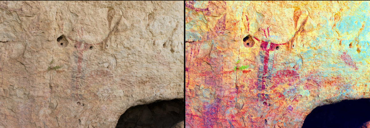 This figure is a Pecos River Style Anthropomorph from Chimenea Shelter in real-color (left), and DStretch LDS enhancement (right). This anthropomorph has a black and red body, red arms, and then bright red antlers that extend upward on the panel.