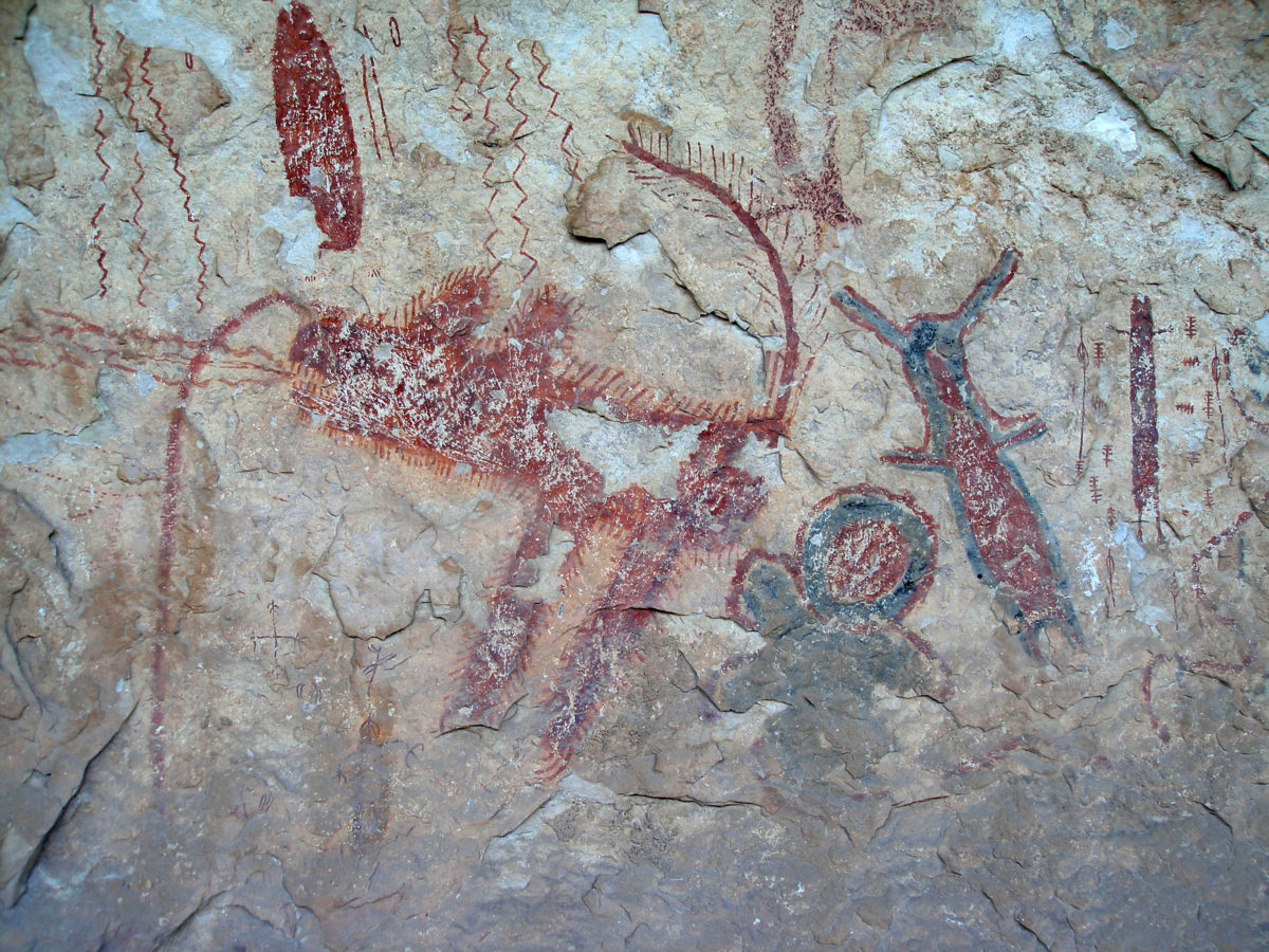Example of Pecos River Style pictographs (image courtesy Jean Clottes). There is very little organic material within pictographs that can be dated.