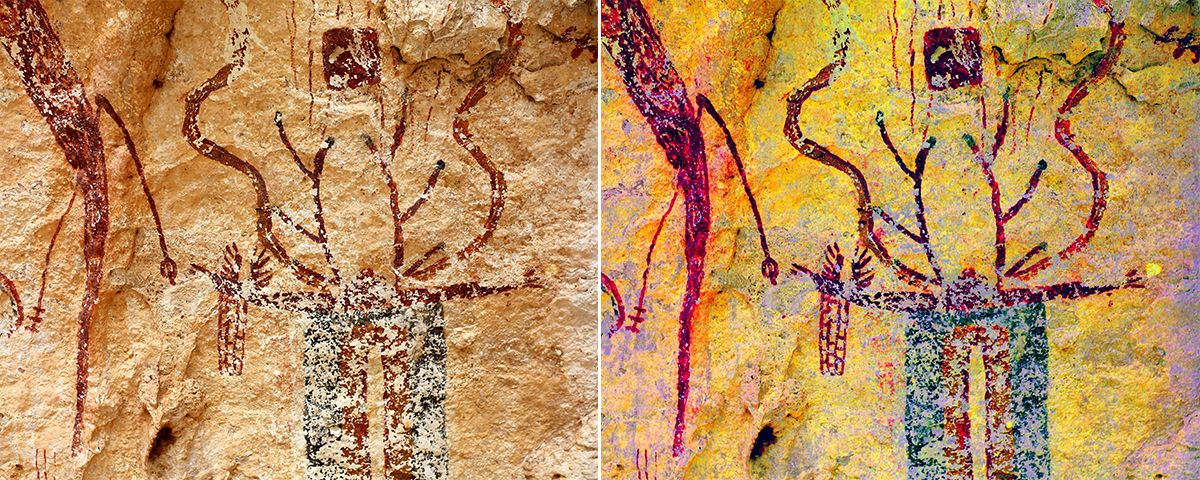 Atlatls are a common element in Lower Pecos rock art. This example shows a finger-looped atlatl near the figure’s right (panel-left) hand. We record the figure’s position as facing out towards the viewer.