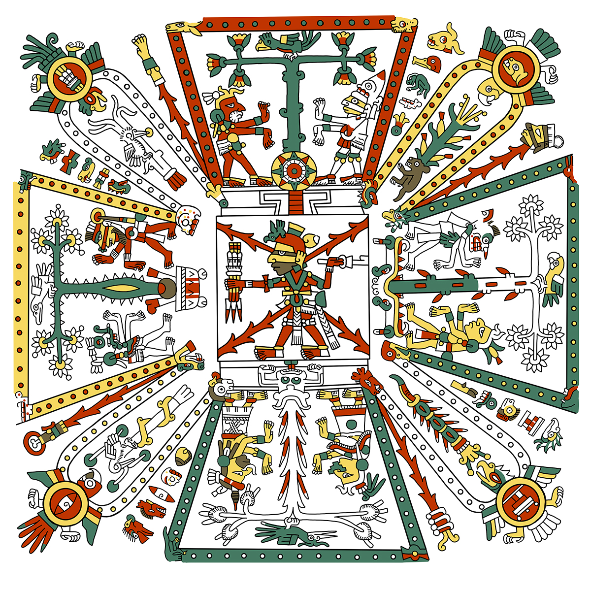In this depiction of the Mesoamerican cosmos the Aztec Lord of Fire, Xiuhtecuhtli, is wielding an atlatl in one hand and a bundle of spears in the other. Xiuhtecuhtli used his atlatl for various supernatural tasks, such as throwing spears at the sun. (Image courtesy of Boyd 2016)