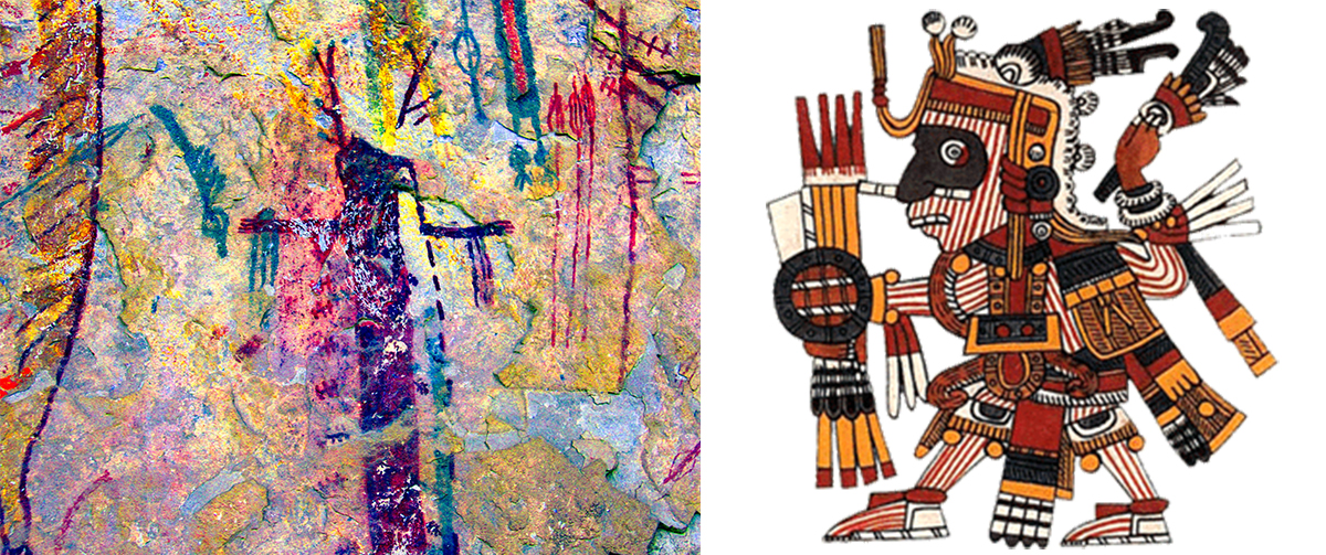 Left: Pecos River Style anthropomorph with a bundle of darts in the left hand and an atlatl with possible feathers on it in the right hand (DStretch LDS). Right: Mixcoatl, the Aztec God of Hunting, with a plumed atlatl in one hand and bundle of spears in the other. Just as Mixcoatl and other Aztec deities used their atlatl for supernatural tasks, it’s possible this meaning is also intended for Lower Pecos atlatls in the rock art.