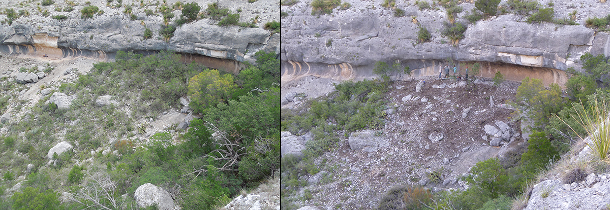 View of Hibiscus Shelter from across the canyon before (left) and after (right) clearing the burned rock midden talus.