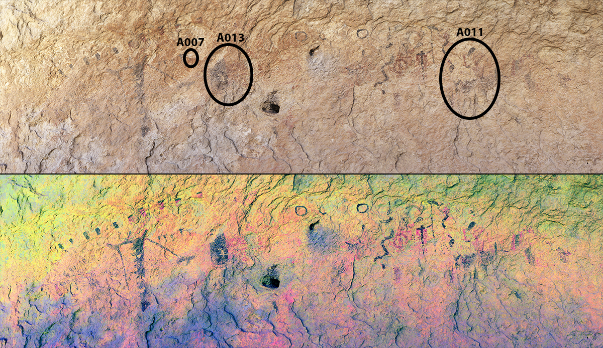 The main pictograph panel at Eagle Cave in real-color (top) and DStretch YBK enhancement (bottom). The figures sampled for radiocarbon dating are highlighted.