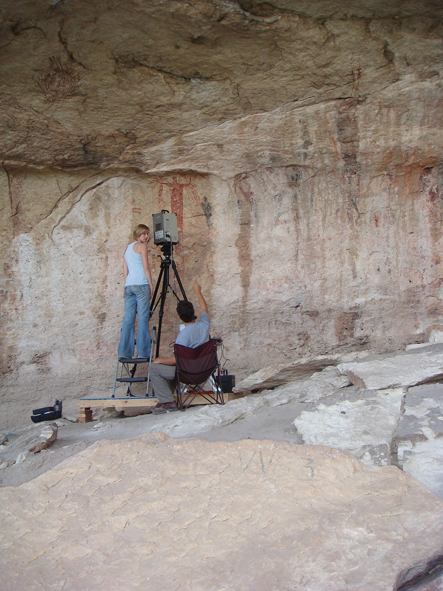 Archaeologists Christopher Goodmaster and Erin King Helton conducting LiDAR scanning of Panther Cave in 2011.