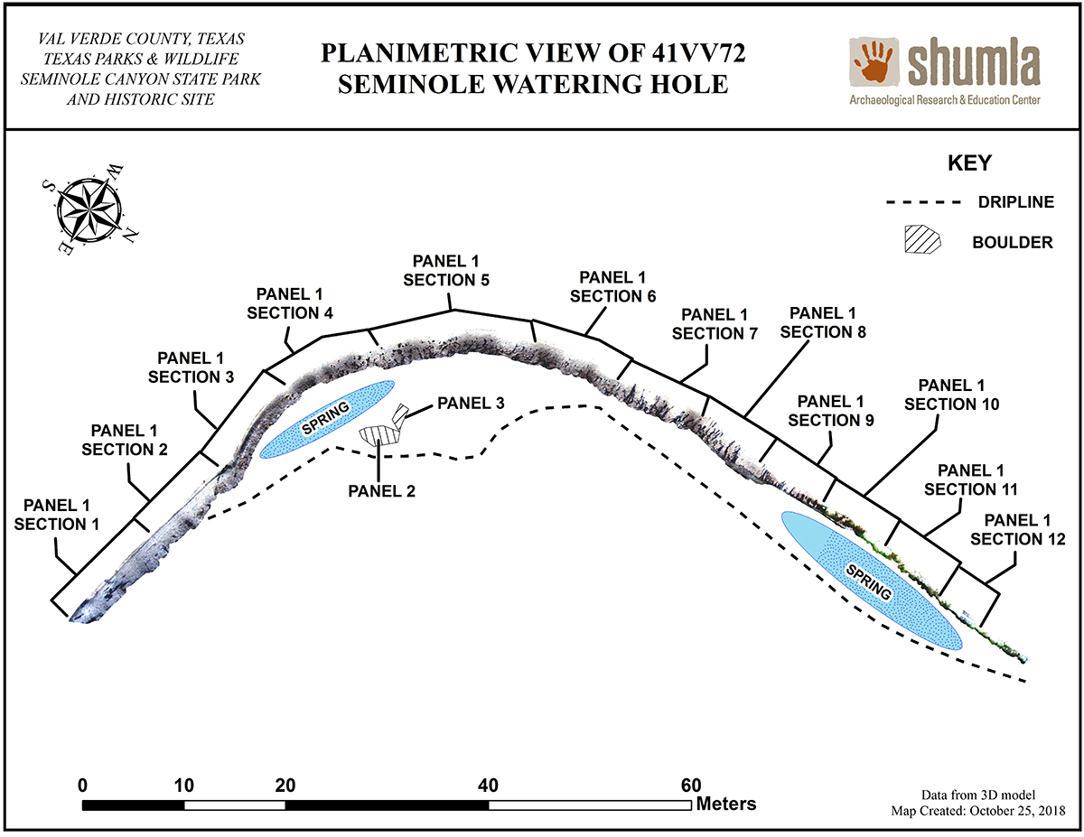 Plan map of Seminole Watering hole showing the locations of the 12 different sections within Panel 1.