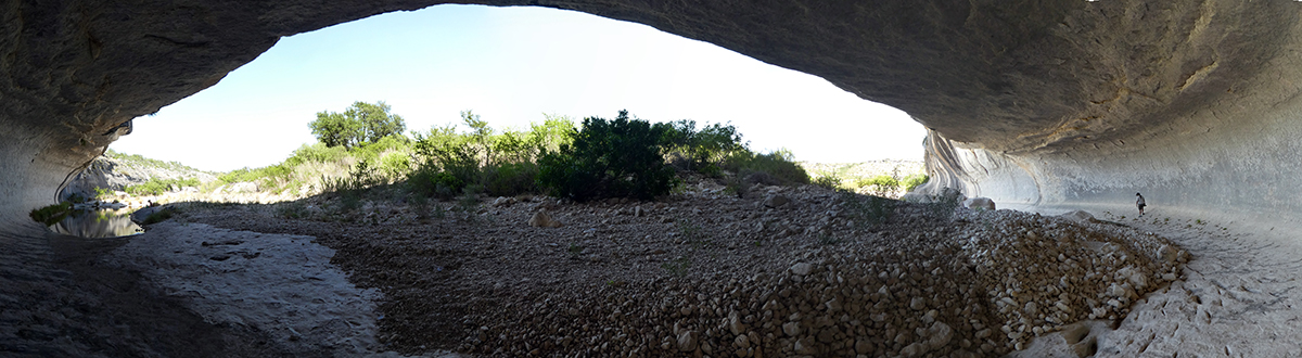 Panorama looking out of Seminole Watering Hole. Notice the spring-fed pool in the upstream (left) side of the image. There is another spring-fed pool in the downstream end of the site near the large boulders in the right side of the image. 