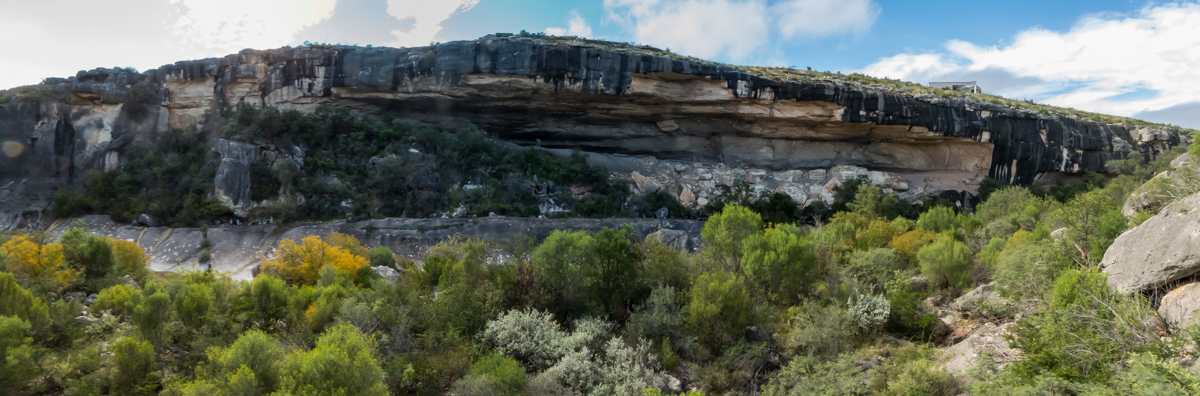 Panoramic view of Fate Bell Shelter from across the canyon