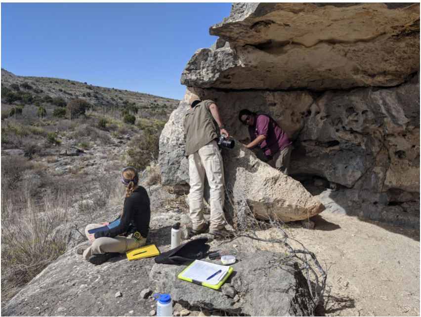 Audrey (left), Tim (middle), and Vicky (right) doing some work and documenting rock art for a small collection of sites on the Hudspeth River Ranch.