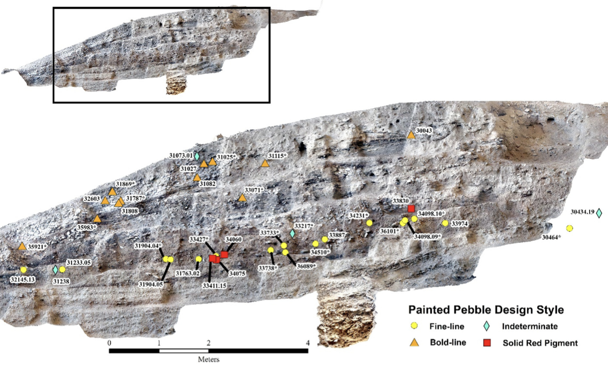 Backplot of provenienced painted pebbles excavated at Eagle Cave.