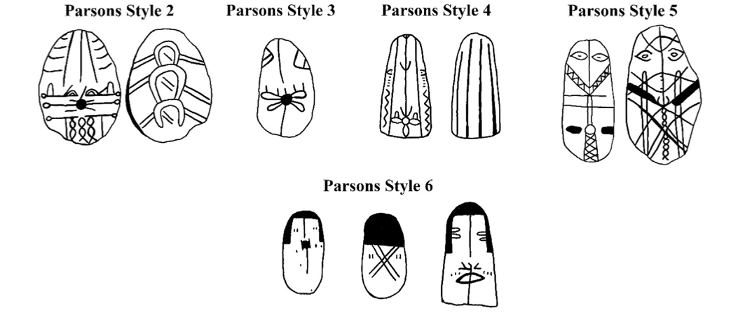 Illustrations exemplifying painted pebbles of Parsons Styles 2-6.