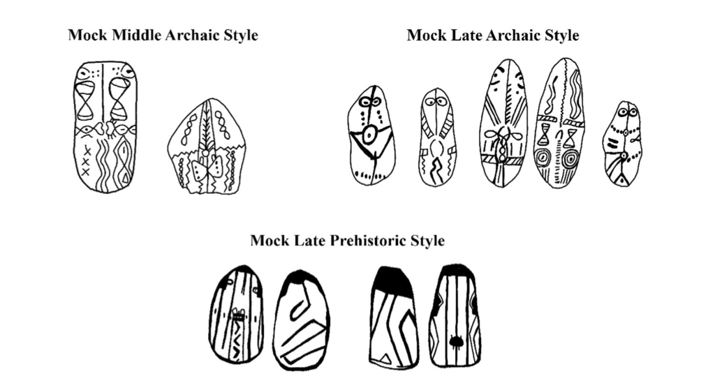 Illustration of painted pebble examples for Mock's proposed Middle Archaic, Late Archaic, and Late Prehistoric Styles.