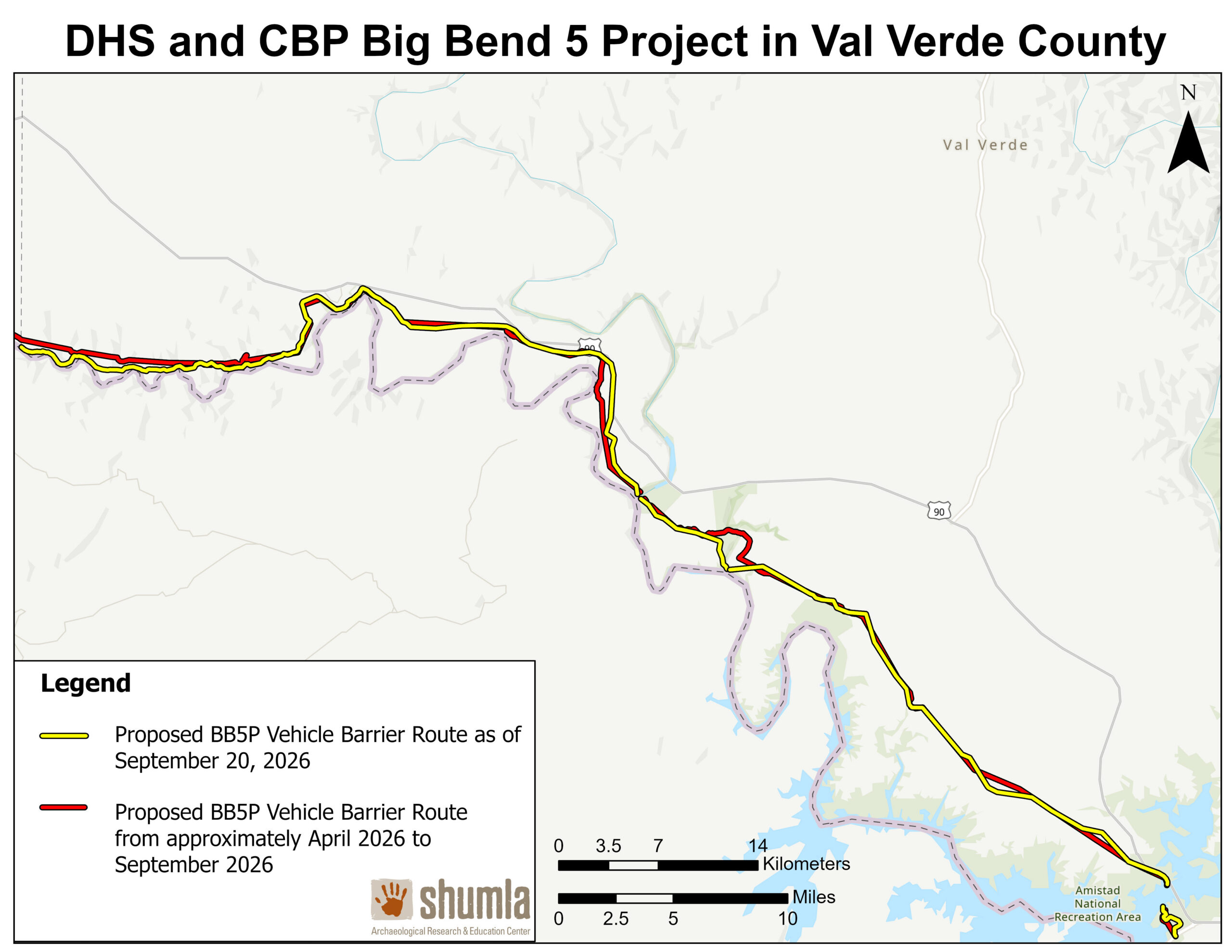Overview map of the proposed Big Bend Project 5 vehicle barrier route in Val Verde County. The yellow line shows the route dated September 20, 2026; the red line shows the route from approximately April through September 2026. The four detailed map panels below show the route from west to east.
